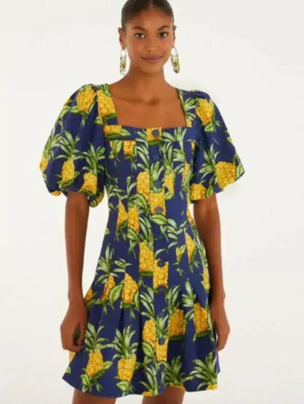 Farm Rio Delicate Pineapple Puff Sleeve Mini Dress In Linen Blend
